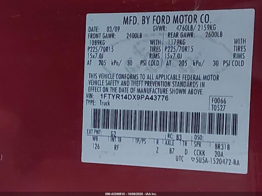 2009 Ford Ranger Xl/Xlt VIN: 1FTYR14DX9PA43776 Lot: 43390510