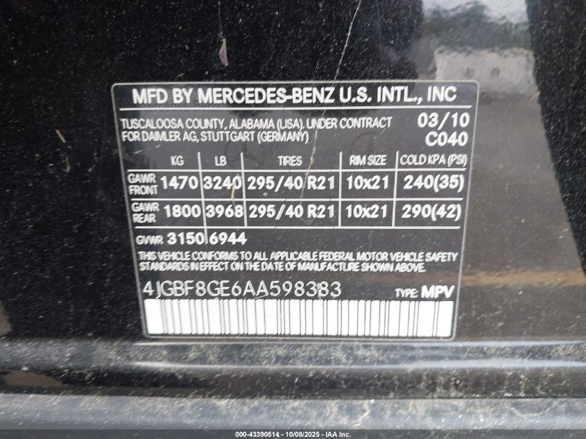 2010 Mercedes-Benz Gl 550 4Matic VIN: 4JGBF8GE6AA598383 Lot: 43390514