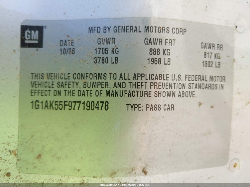 2007 Chevrolet Cobalt Ls VIN: 1G1AK55F977190478 Lot: 43390517