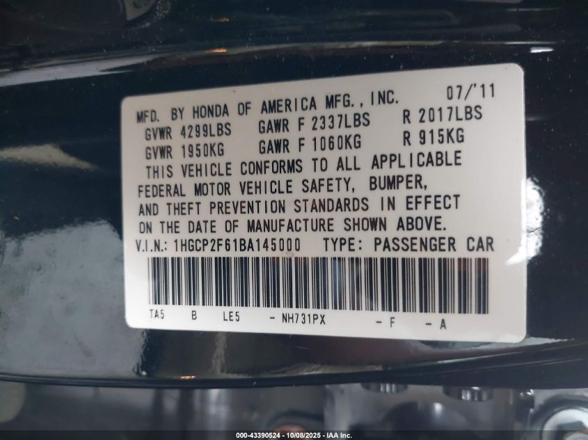 2011 Honda Accord 2.4 Se VIN: 1HGCP2F61BA145000 Lot: 43390524
