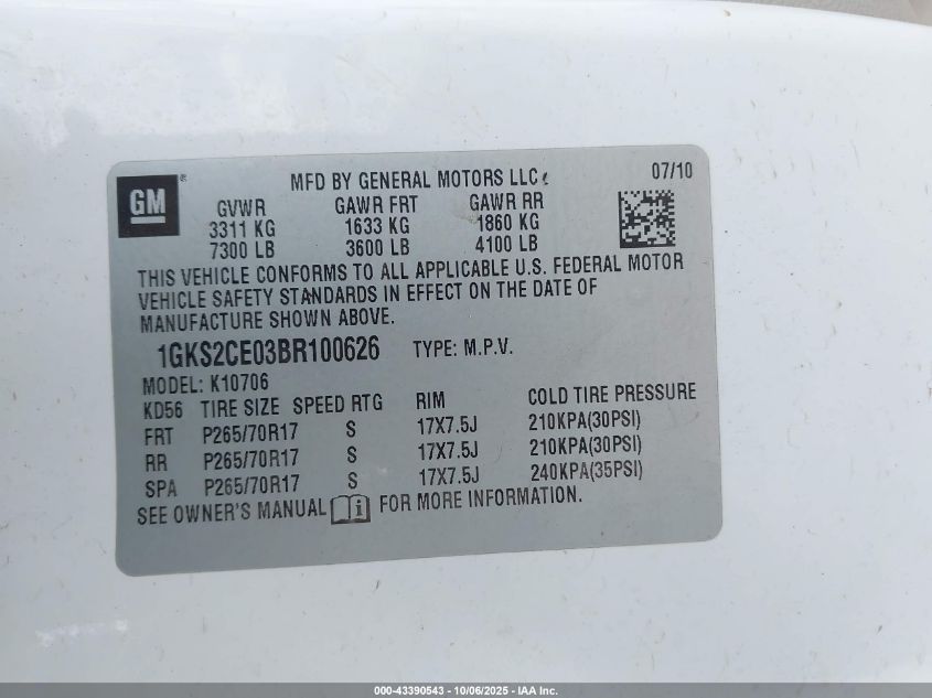 2011 GMC Yukon Slt VIN: 1GKS2CE03BR100626 Lot: 43390543
