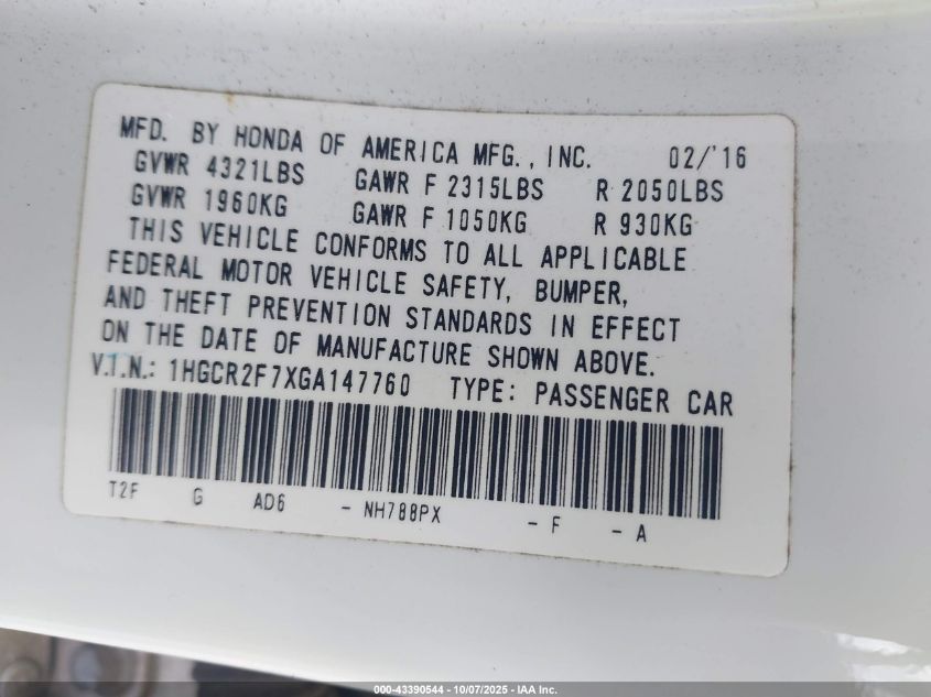 2016 Honda Accord Ex VIN: 1HGCR2F7XGA147760 Lot: 43390544