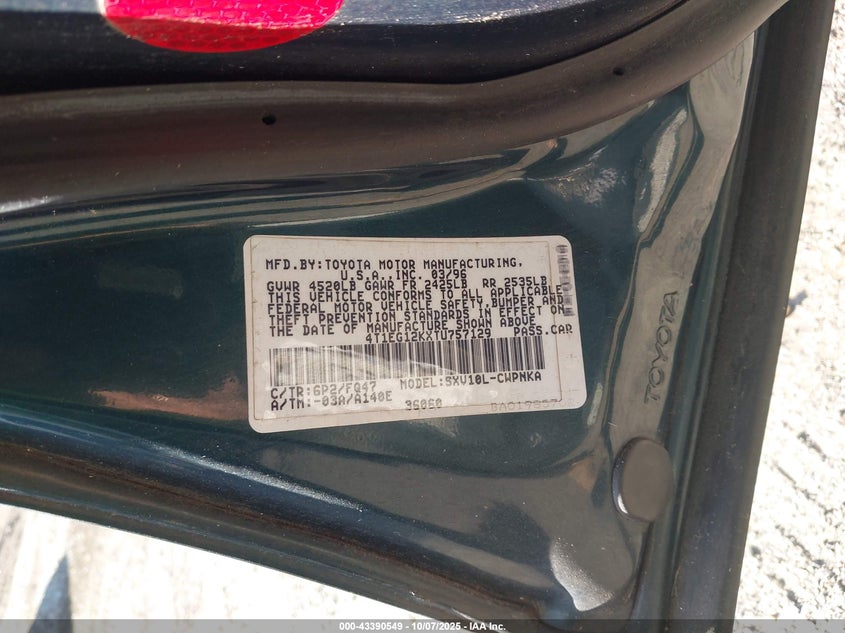 1996 Toyota Camry Le VIN: 4T1EG12KXTU757129 Lot: 43390549