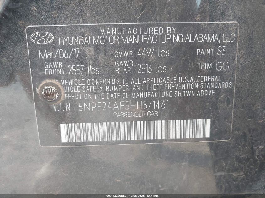 2017 Hyundai Sonata Se VIN: 5NPE24AF5HH571461 Lot: 43390550