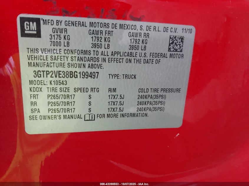 2011 GMC Sierra 1500 Sle VIN: 3GTP2VE38BG199497 Lot: 43390553