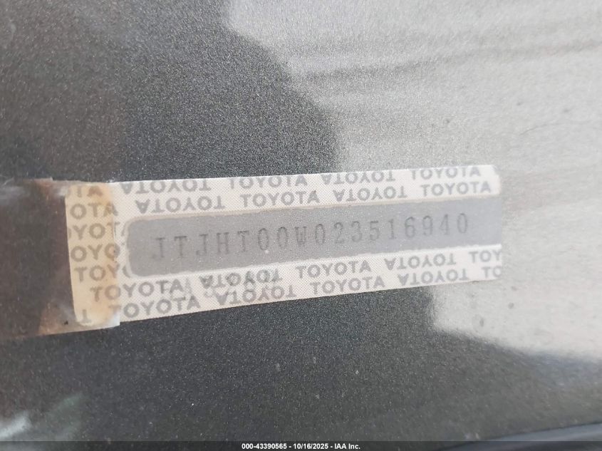 2002 Lexus Lx 470 VIN: JTJHT00W023516940 Lot: 43390565