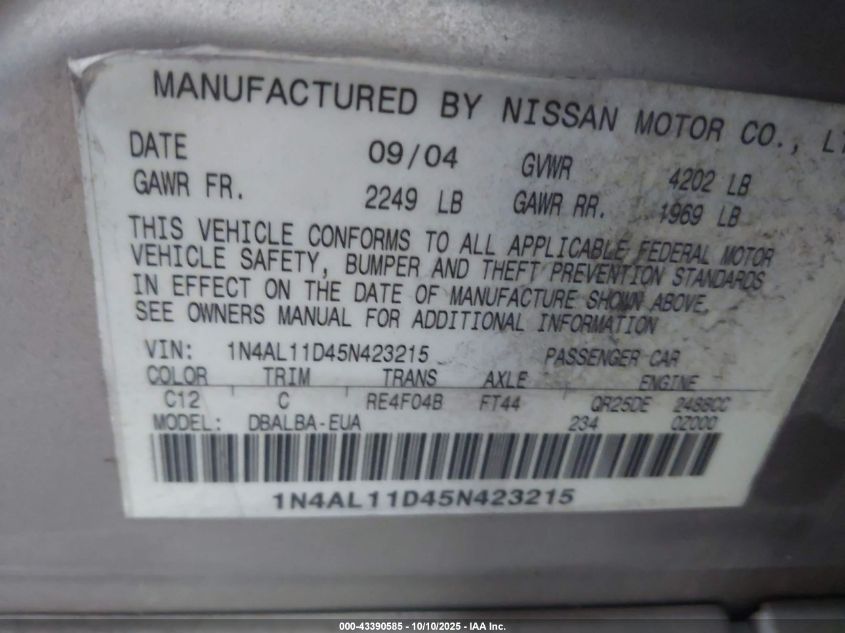 2005 Nissan Altima 2.5 S VIN: 1N4AL11D45N423214 Lot: 43390585