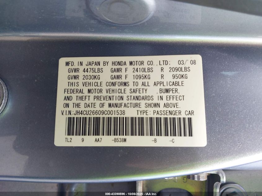 2009 Acura Tsx VIN: JH4CU26609C001538 Lot: 43390596