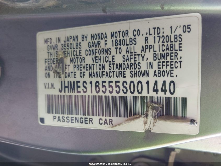 2005 Honda Civic Lx VIN: JHMES16555S001440 Lot: 43390598