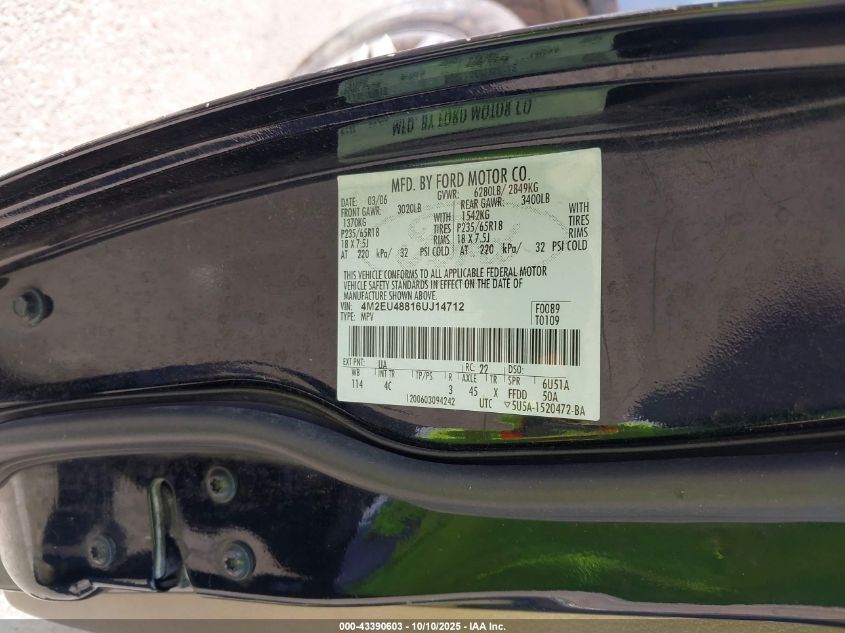 2006 Mercury Mountaineer Premier VIN: 4M2EU48816UJ14712 Lot: 43390603