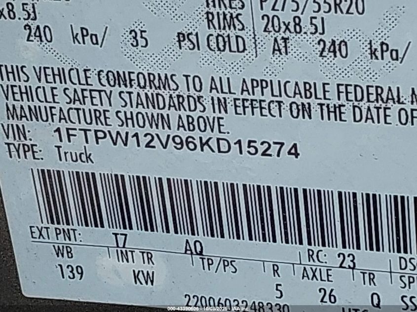2006 Ford F-150 Lariat/Xlt VIN: 1FTPW12V96KD15274 Lot: 43390606