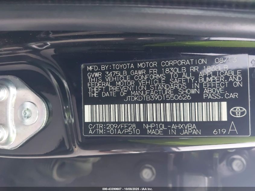 2013 Toyota Prius C Two VIN: JTDKDTB39D1550626 Lot: 43390607