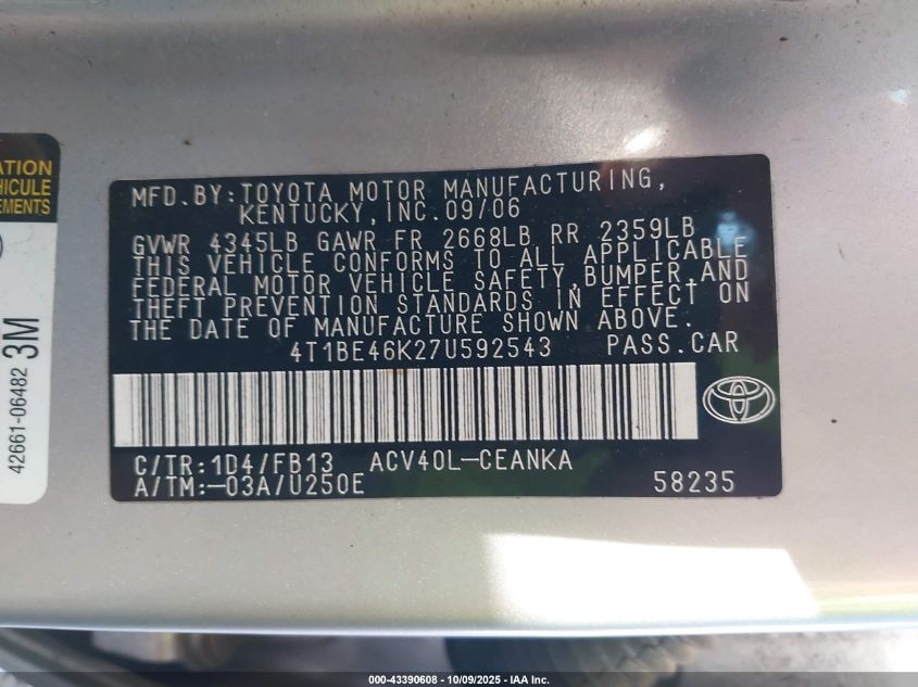 2007 Toyota Camry Le VIN: 4T1BE46K27U592543 Lot: 43390608