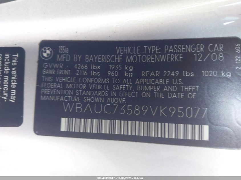 2009 BMW 135I VIN: WBAUC73589VK95077 Lot: 43390617