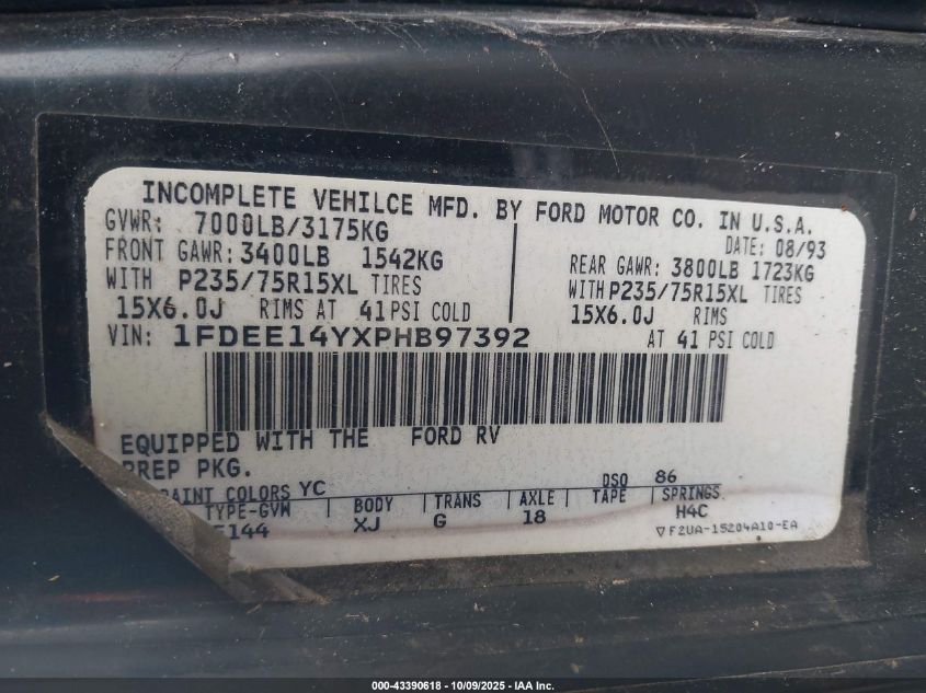 1993 Ford Econoline E150 Van VIN: 1FDEE14YXPHB97392 Lot: 43390618