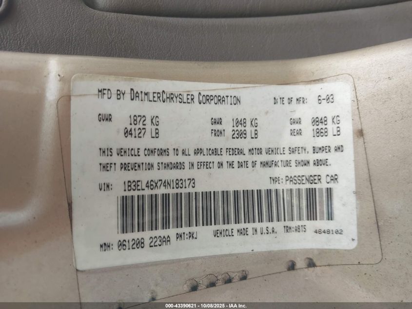 2004 Dodge Stratus Sxt VIN: 1B3EL46X74N183173 Lot: 43390621