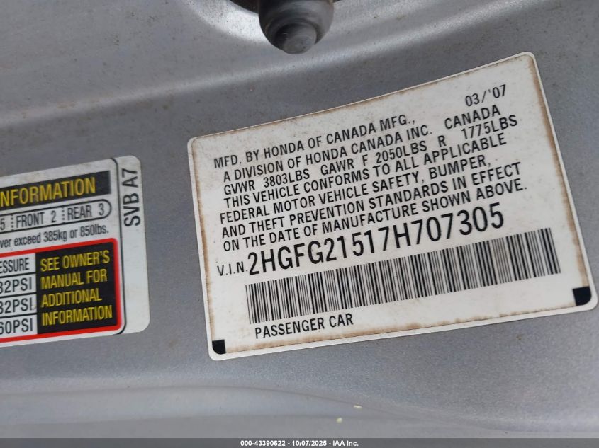 2007 Honda Civic Si VIN: 2HGFG21517H707305 Lot: 43390622