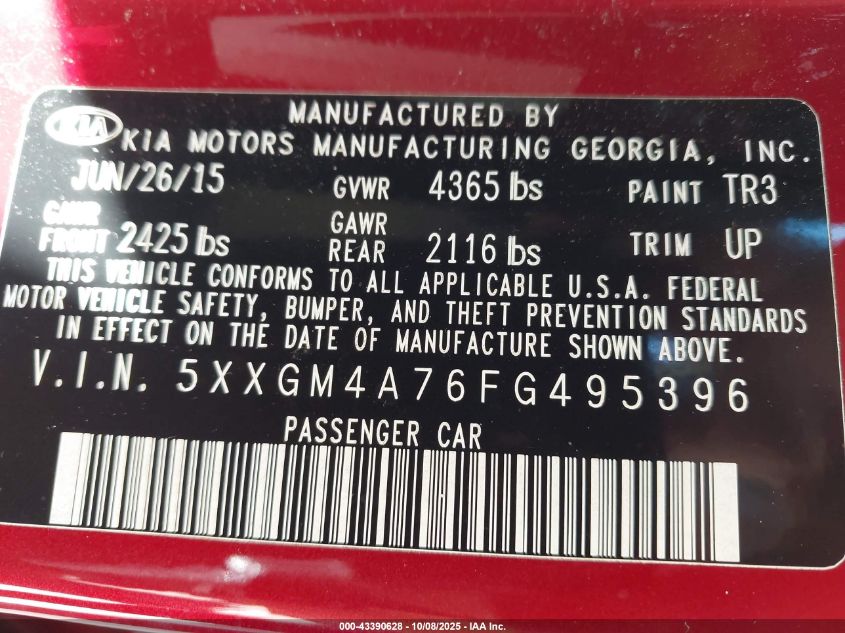 2015 Kia Optima Lx VIN: 5XXGM4A76FG495396 Lot: 43390628