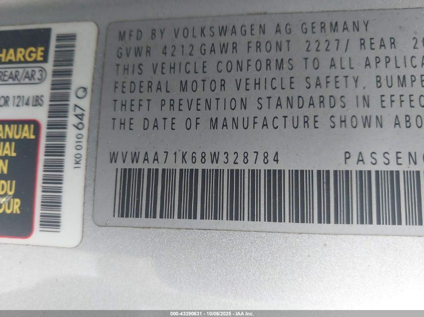 2008 Volkswagen Rabbit S VIN: WVWAA71K68W328784 Lot: 43390631