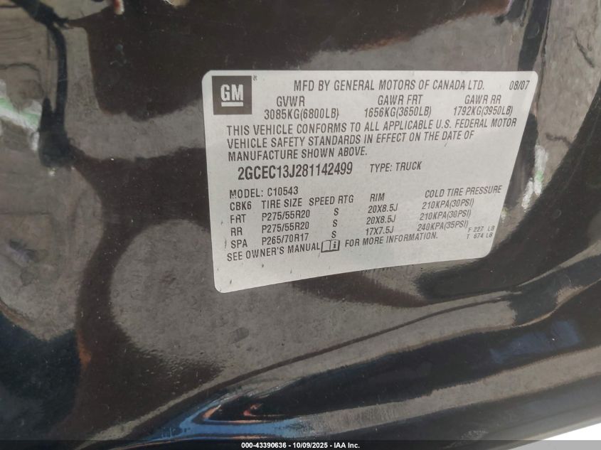 2008 Chevrolet Silverado 1500 Lt2 VIN: 2GCEC13J281142499 Lot: 43390636