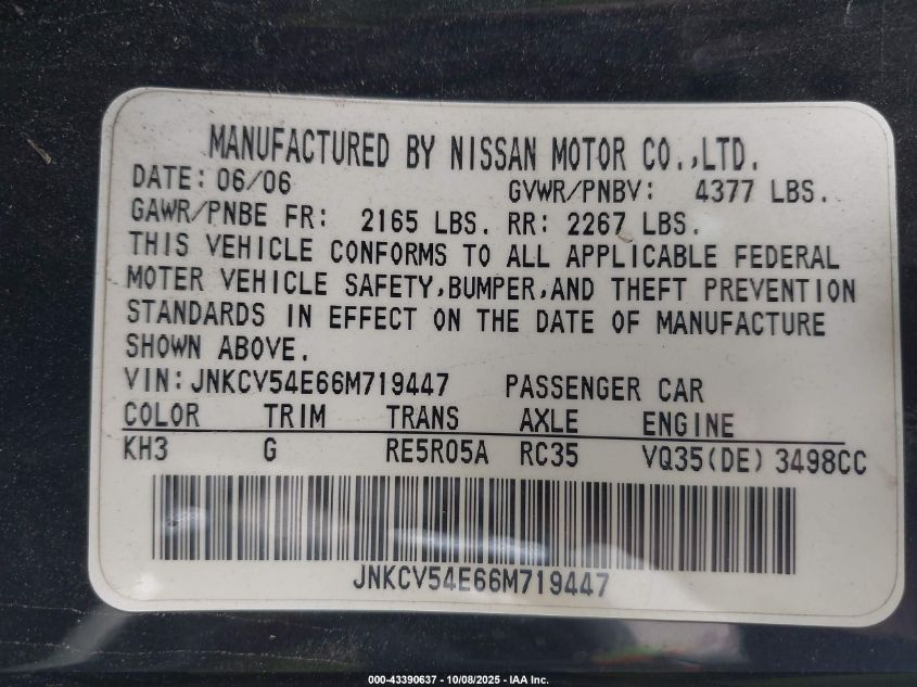 2006 Infiniti G35 VIN: JNKCV54E66M719447 Lot: 43390637