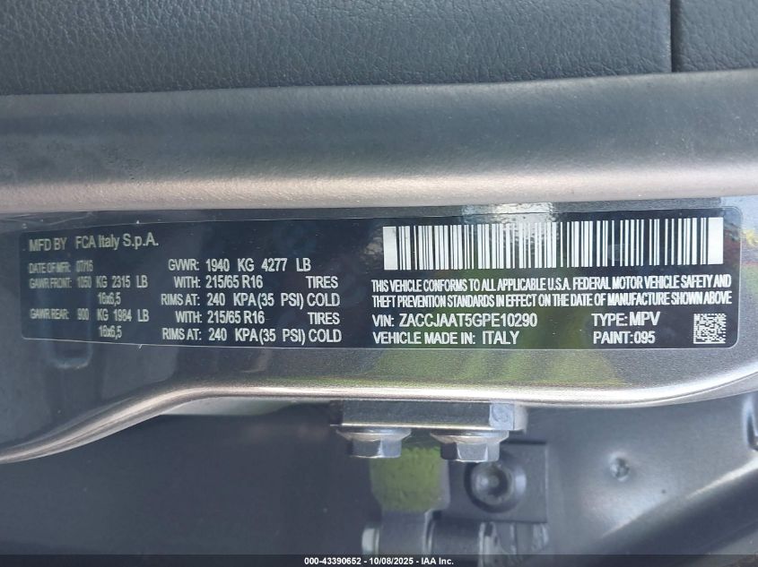 2016 Jeep Renegade Sport VIN: ZACCJAAT5GPE10290 Lot: 43390652