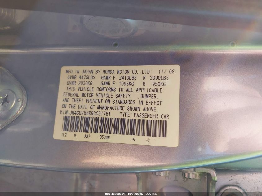 2009 Acura Tsx VIN: JH4CU266X9C031761 Lot: 43390661