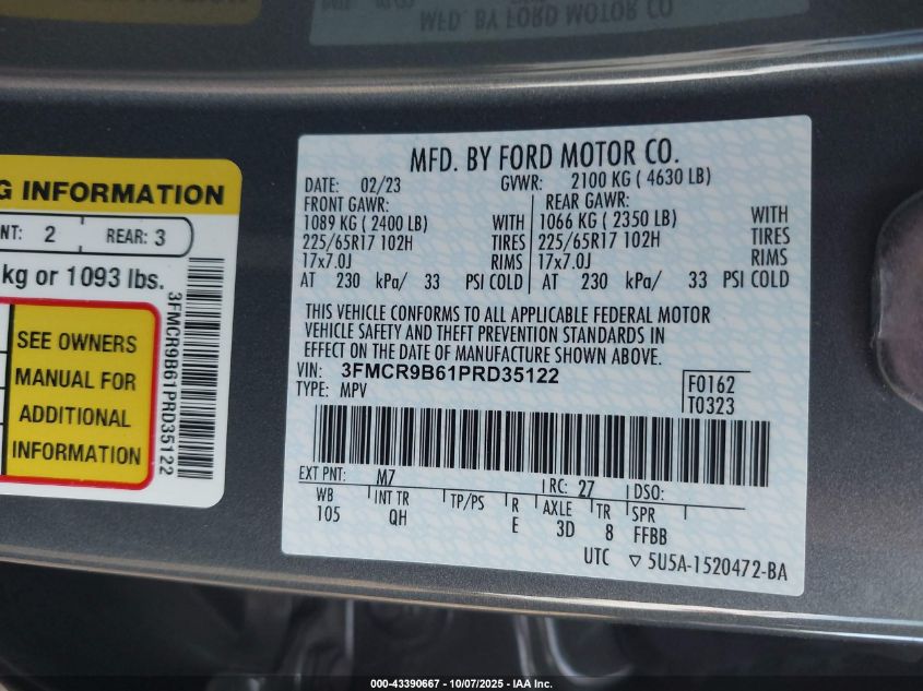 2023 Ford Bronco Sport Big Bend VIN: 3FMCR9B61PRD35122 Lot: 43390667