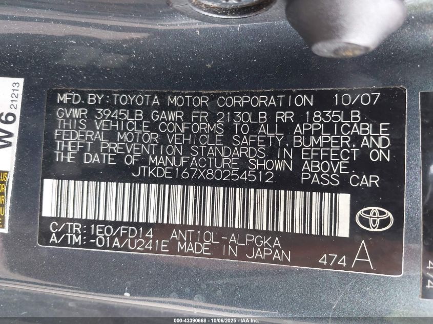 2008 Scion Tc VIN: JTKDE167X80254512 Lot: 43390668