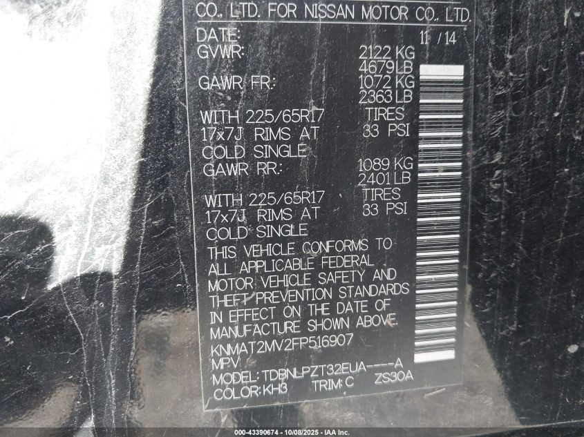 2015 Nissan Rogue S VIN: KNMAT2MV2FP516907 Lot: 43390674