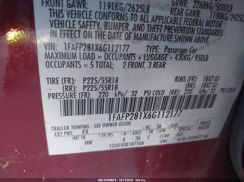 2006 Ford Five Hundred Limited VIN: 1FAFP281X6G112177 Lot: 43390676