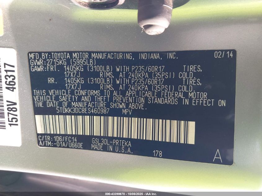 2014 Toyota Sienna Le V6 8 Passenger VIN: 5TDKK3DC8ES460987 Lot: 43390678
