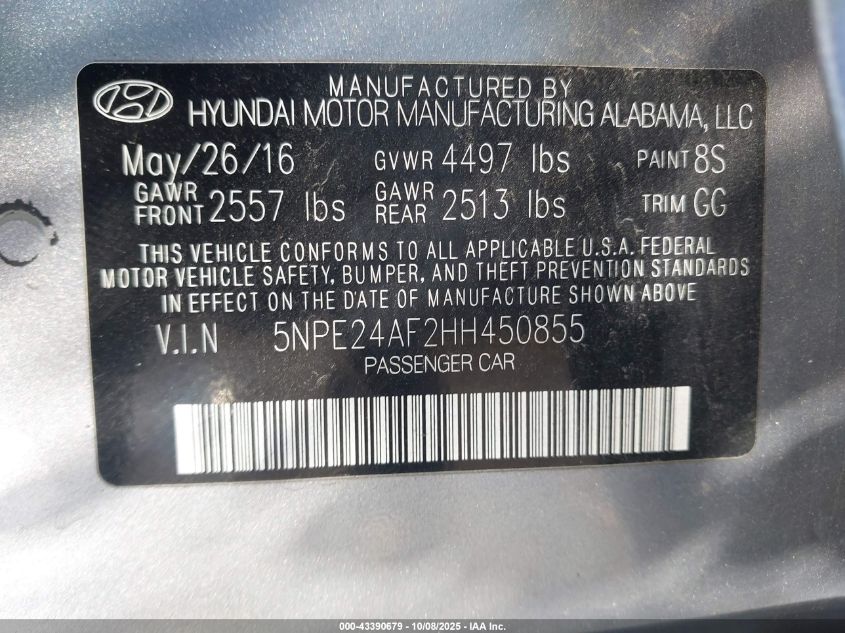 2017 Hyundai Sonata Se VIN: 5NPE24AF2HH450855 Lot: 43390679