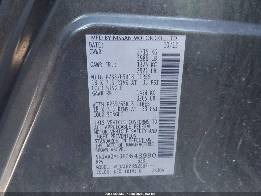 2014 Nissan Pathfinder S VIN: 5N1AR2MN3EC643990 Lot: 43390689