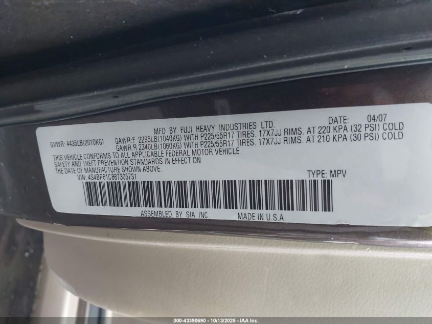 2008 Subaru Outback 2.5I/2.5I L.l. Bean Edition VIN: 4S4BP61C887305731 Lot: 43390690