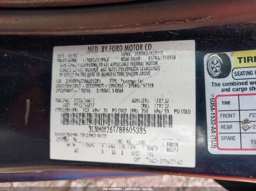 2008 Lincoln Mkz VIN: 3LNHM26T78R605385 Lot: 43390691