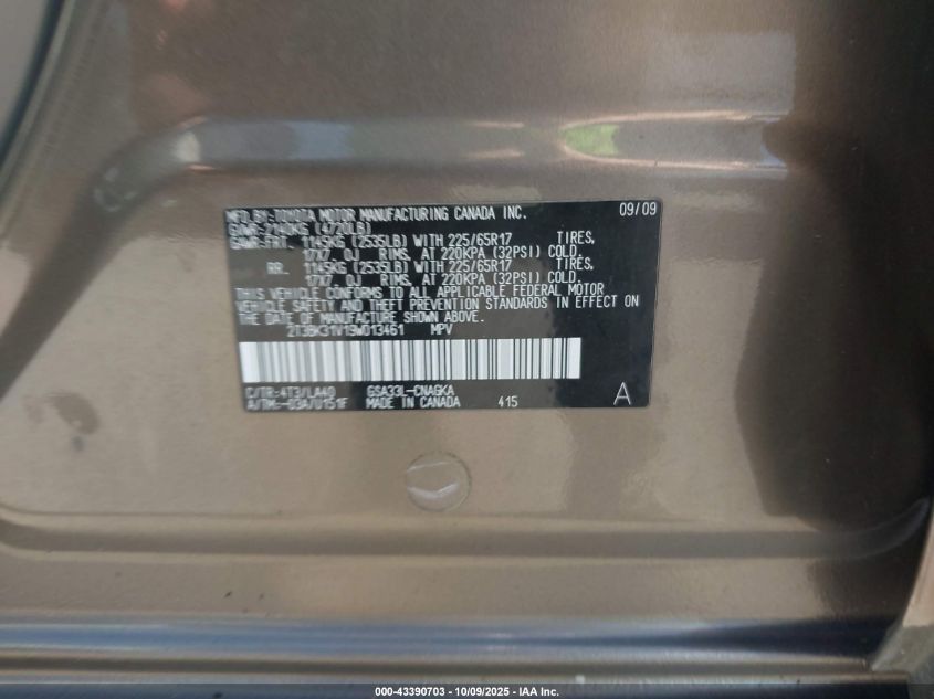 2009 Toyota Rav4 Limited V6 VIN: 2T3BK31V19W013461 Lot: 43390703