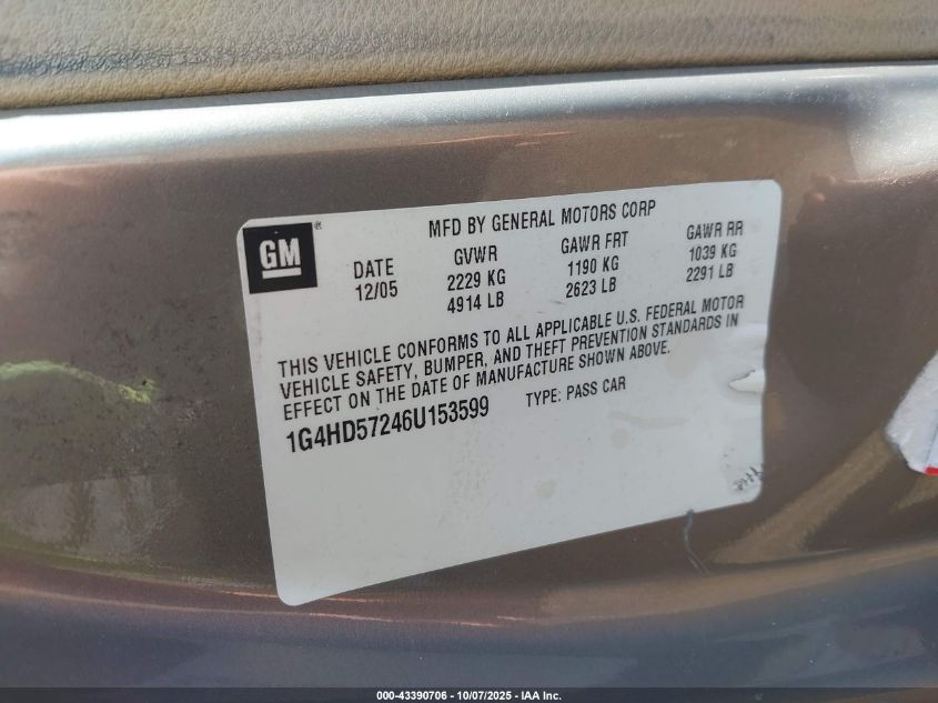 2006 Buick Lucerne Cxl VIN: 1G4HD57246U153599 Lot: 43390706