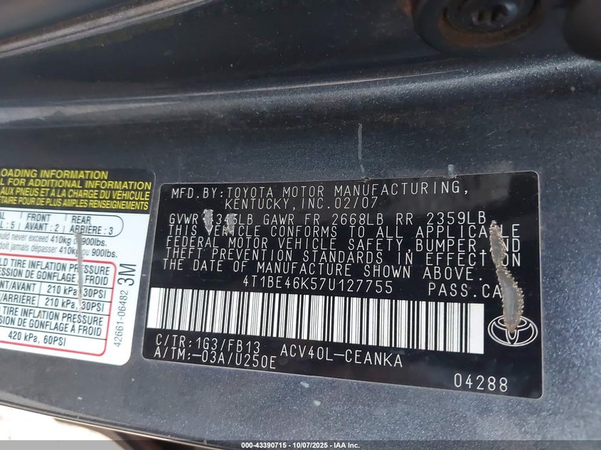 4T1BE46K57U127755 2007 TOYOTA CAMRY photo no. 9