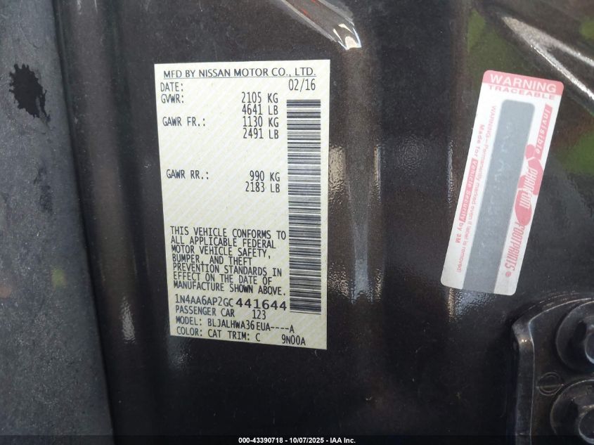 2016 Nissan Maxima 3.5 Platinum VIN: 1N4AA6AP2GC441644 Lot: 43390718