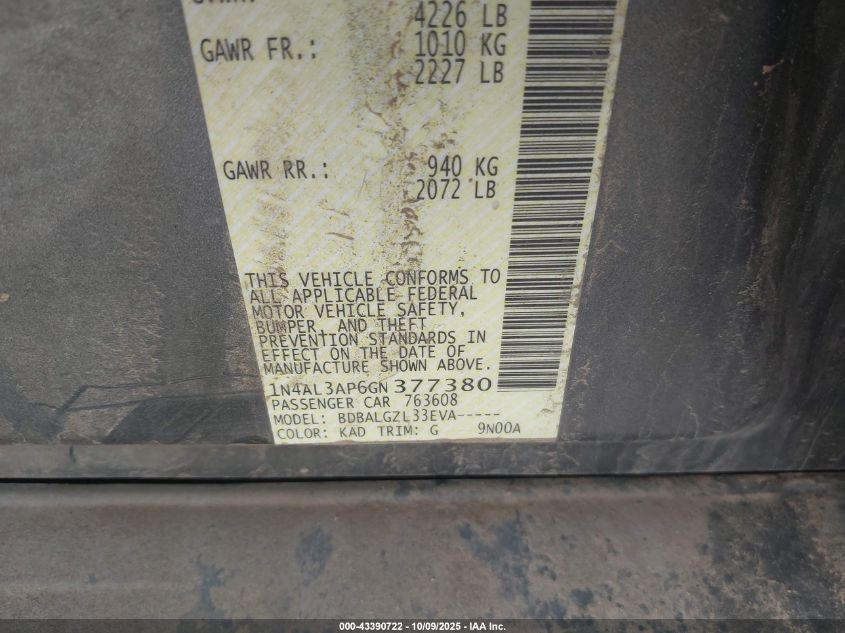 2016 Nissan Altima 2.5/2.5 S/2.5 Sl/2.5 Sr/2.5 Sv VIN: 1N4AL3AP6GN377380 Lot: 43390722