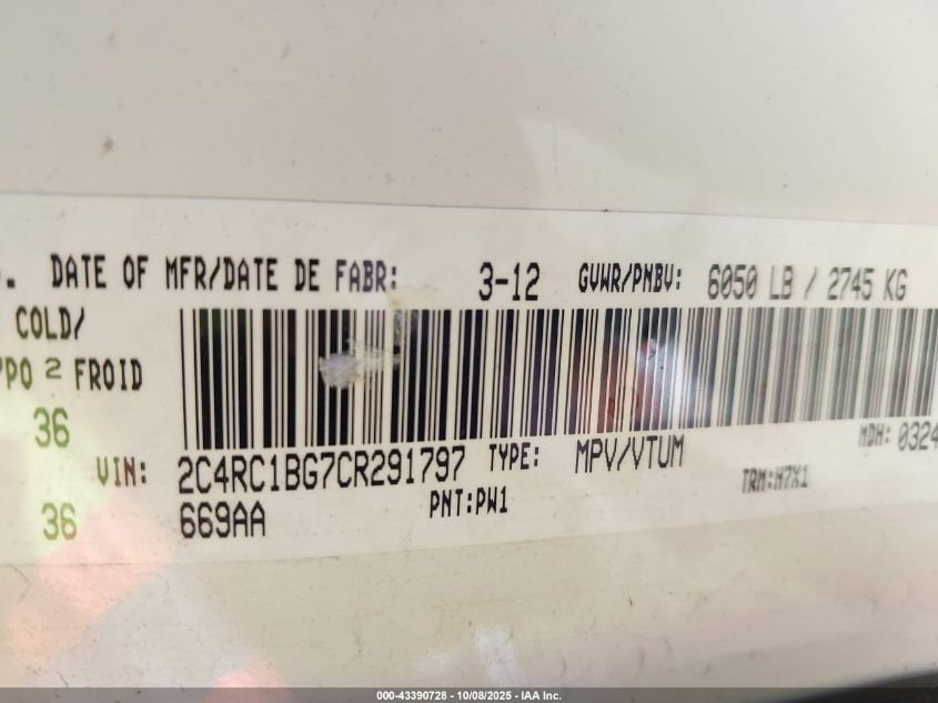 2012 Chrysler Town & Country Touring VIN: 2C4RC1BG7CR291797 Lot: 43390728