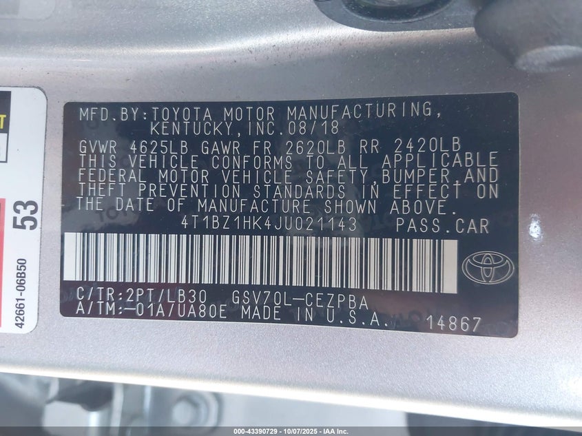 2018 Toyota Camry Xse V6 VIN: 4T1BZ1HK4JU021143 Lot: 43390729