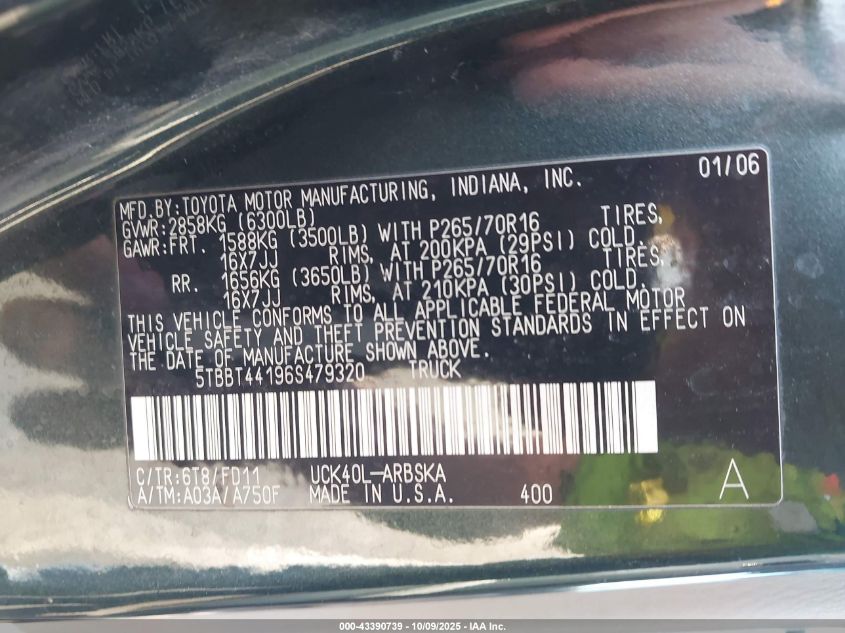 2006 Toyota Tundra Sr5 V8 VIN: 5TBBT44196S479320 Lot: 43390739