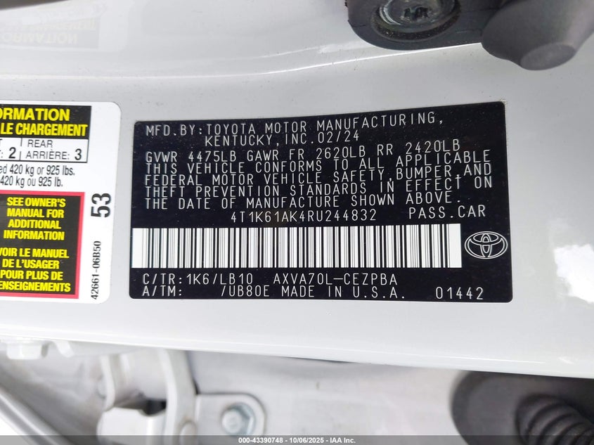 2024 Toyota Camry Xse VIN: 4T1K61AK4RU244832 Lot: 43390748