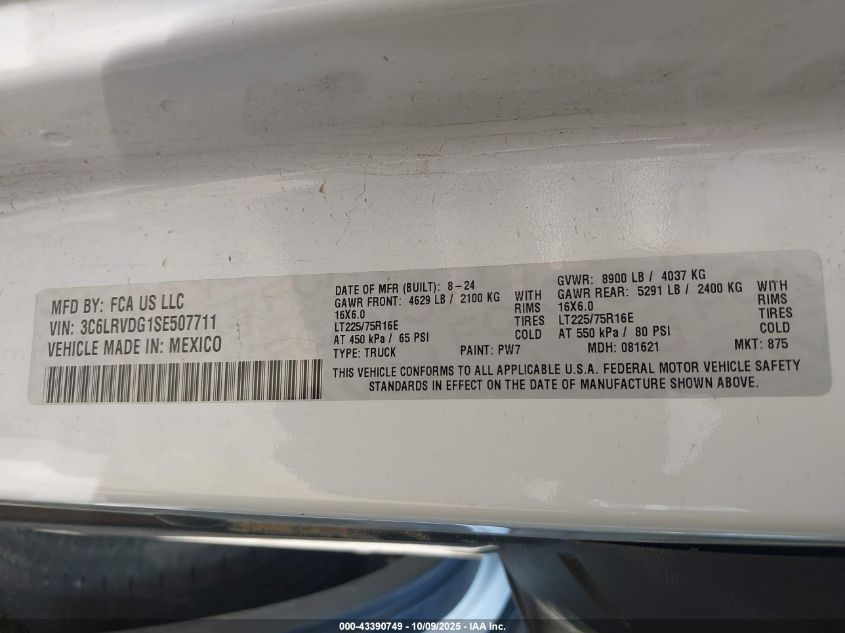 2025 Ram Promaster 2500 Tradesman High Roof 159 Wb W/Pass Seat VIN: 3C6LRVDG1SE507711 Lot: 43390749