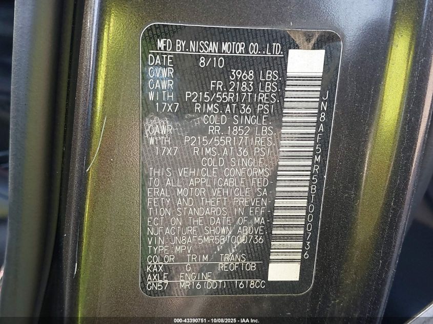 2011 Nissan Juke Sl VIN: JN8AF5MR5BT000736 Lot: 43390751