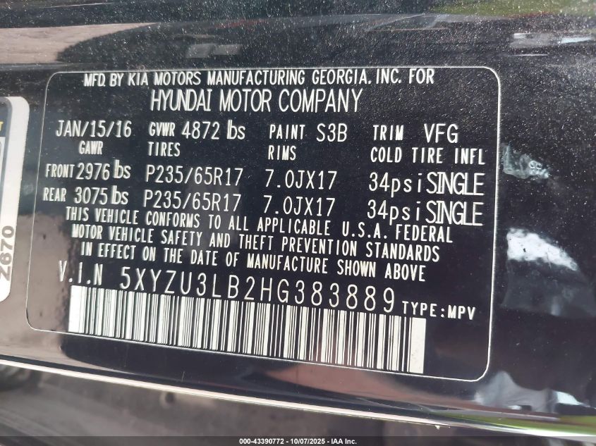 2017 Hyundai Santa Fe Sport 2.4L VIN: 5XYZU3LB2HG383889 Lot: 43390772