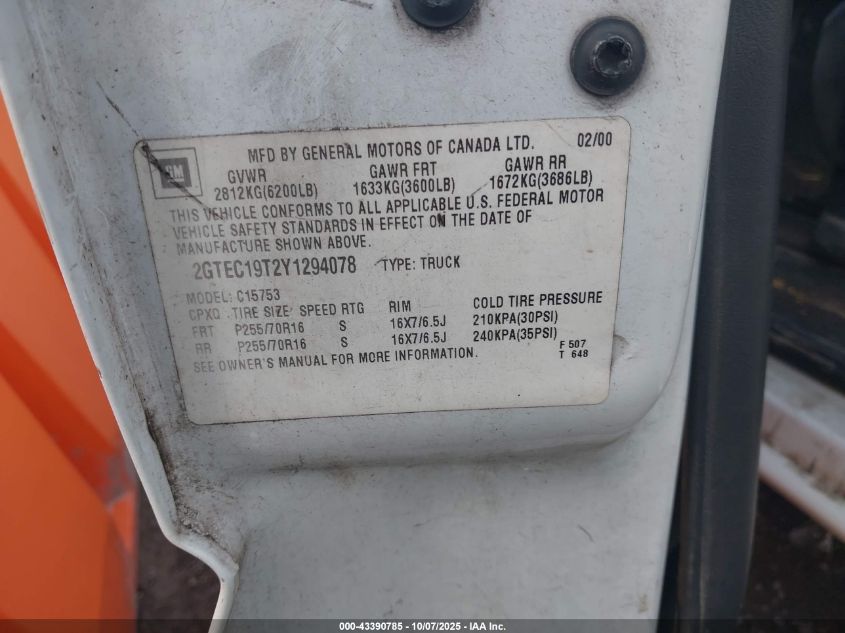 2000 GMC Sierra 1500 Sle VIN: 2GTEC19T2Y1294078 Lot: 43390785