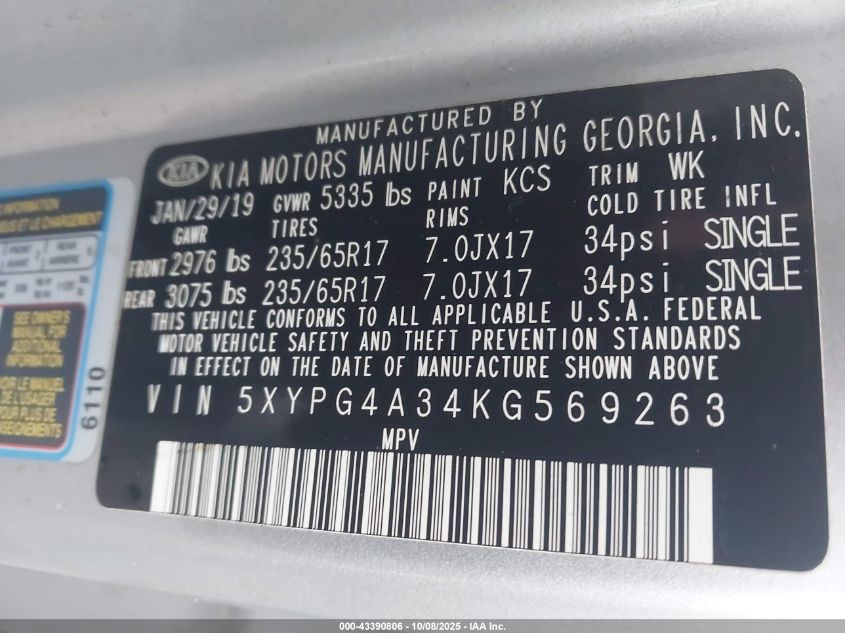 2019 Kia Sorento 2.4L L VIN: 5XYPG4A34KG569263 Lot: 43390806